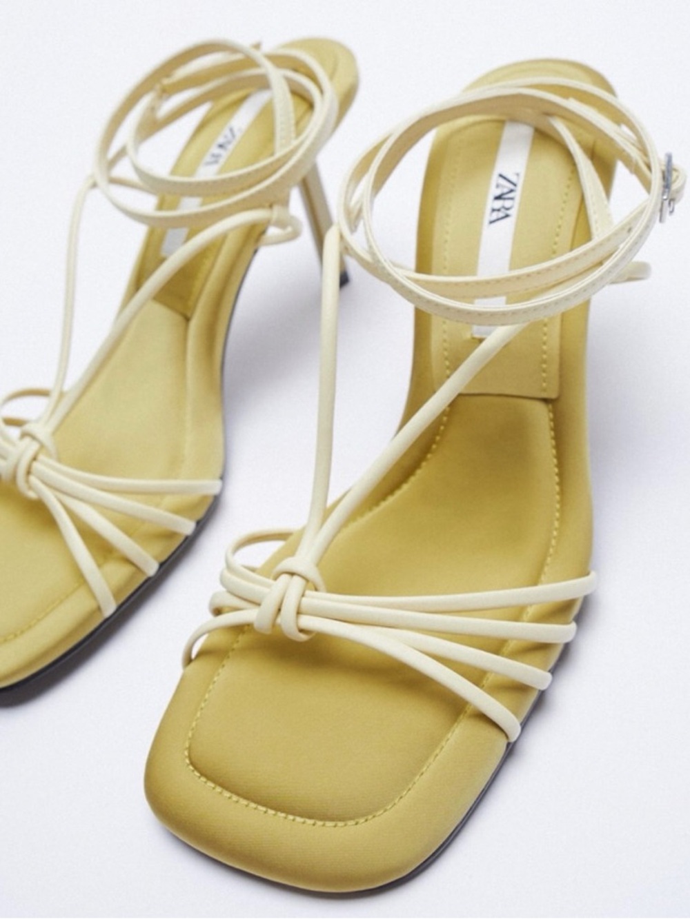 ZARA Yellow Heeled Sandals with Cream Wrap Straps